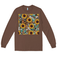 Chestnut western sunflowers turquoise cowhide seamless background Long Sleeve Tee - RanaPortraitStore