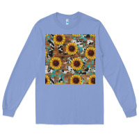 Colony Blue western sunflowers turquoise cowhide seamless background Long Sleeve Tee - RanaPortraitStore