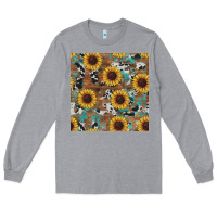 Western Sunflowers Turquoise Cowhide Seamless Background Long Sleeve Tee | Teevron