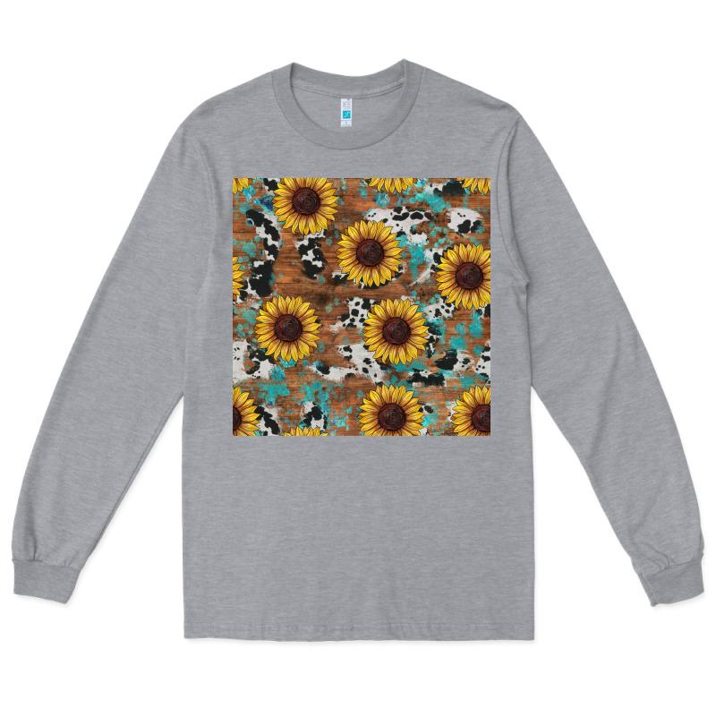 Western Sunflowers Turquoise Cowhide Seamless Background Long Sleeve Tee by RanaPortraitStore | Teevron