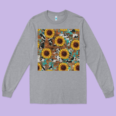 Western Sunflowers Turquoise Cowhide Seamless Background Long Sleeve Tee Designed By Ranaportraitstore