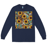Navy western sunflowers turquoise cowhide seamless background Long Sleeve Tee - RanaPortraitStore
