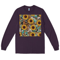 Plum western sunflowers turquoise cowhide seamless background Long Sleeve Tee - RanaPortraitStore