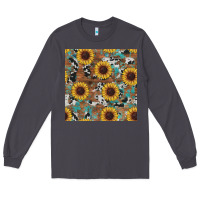 Smoke western sunflowers turquoise cowhide seamless background Long Sleeve Tee - RanaPortraitStore