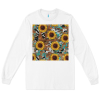 White western sunflowers turquoise cowhide seamless background Long Sleeve Tee - RanaPortraitStore