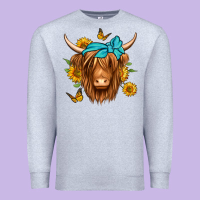 Sunflower Long Haired Cow Premium Sweatshirt Designed By Jasminsmagicworld