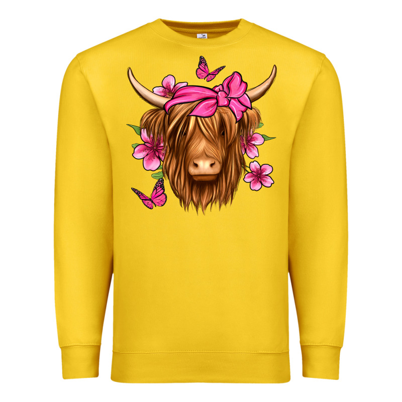 Floral Pink Bandana Longhaired Cow Premium Sweatshirt by Jasminsmagicworld | Teevron
