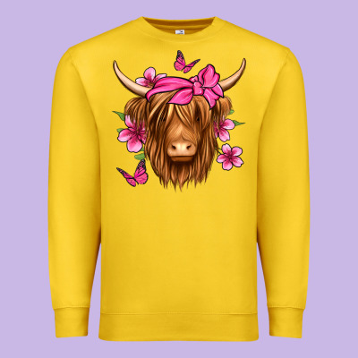 Floral Pink Bandana Longhaired Cow Premium Sweatshirt Designed By Jasminsmagicworld