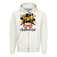 Oatmeal Heather softball life messy bun Zipper Hoodie - Zillion Design Studio