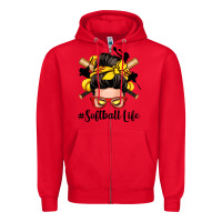 Red softball life messy bun Zipper Hoodie - Zillion Design Studio