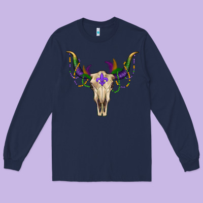 Mardi Gras Bullskull Long Sleeve Tee Designed By Ranaportraitstore