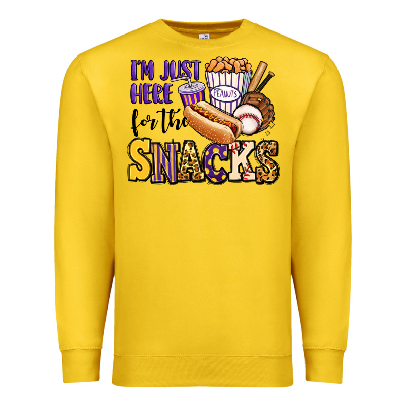 I'm Just Here For The Snacks Baseball Purple And G Premium Sweatshirt by Jasminsmagicworld | Teevron