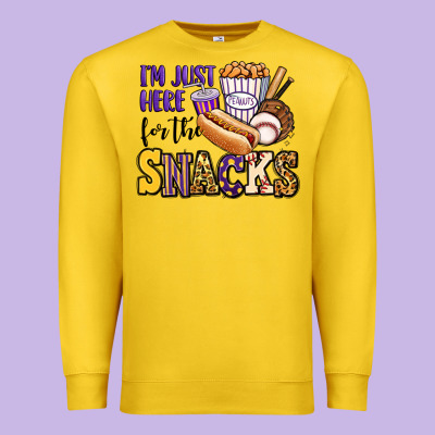 I'm Just Here For The Snacks Baseball Purple And G Premium Sweatshirt Designed By Jasminsmagicworld