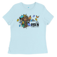 He Is Risen Matthew 28 6 Cross With Butterflies Cowhide Background Ladies Tee | Teevron