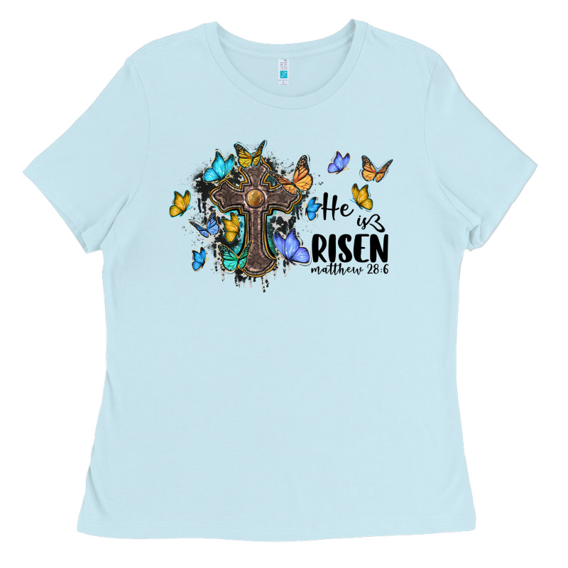 He Is Risen Matthew 28 6 Cross With Butterflies Cowhide Background Ladies Tee by BarkalooDesign | Teevron
