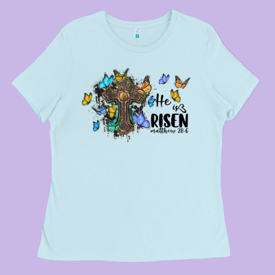 He Is Risen Matthew 28 6 Cross With Butterflies Cowhide Background Ladies Tee Designed By Barkaloodesign