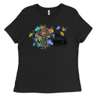Black he is risen matthew 28 6 cross with butterflies cowhide background Ladies Tee - BarkalooDesign