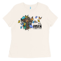 Bone he is risen matthew 28 6 cross with butterflies cowhide background Ladies Tee - BarkalooDesign