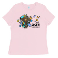 Bubblegum Pink he is risen matthew 28 6 cross with butterflies cowhide background Ladies Tee - BarkalooDesign