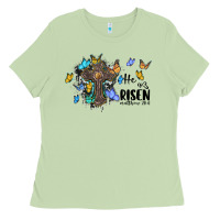 Matcha he is risen matthew 28 6 cross with butterflies cowhide background Ladies Tee - BarkalooDesign