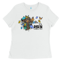 White he is risen matthew 28 6 cross with butterflies cowhide background Ladies Tee - BarkalooDesign