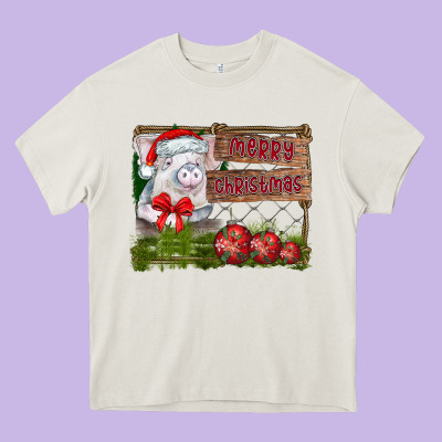 Merry Christmas Pig Heavy Core Tee Designed By Cowhidedigitalart