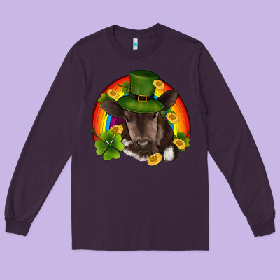 St Patricks Day Baby Cow Shamrock Rainbow Gold Long Sleeve Tee Designed By Ranaportraitstore