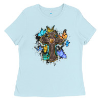Baby Blue cross with butterflies cowhide background Ladies Tee - BarkalooDesign