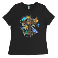 Black cross with butterflies cowhide background Ladies Tee - BarkalooDesign