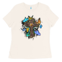 Bone cross with butterflies cowhide background Ladies Tee - BarkalooDesign