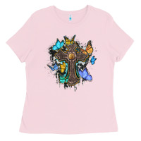 Bubblegum Pink cross with butterflies cowhide background Ladies Tee - BarkalooDesign