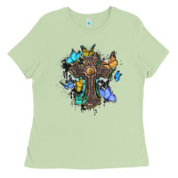 Matcha cross with butterflies cowhide background Ladies Tee - BarkalooDesign