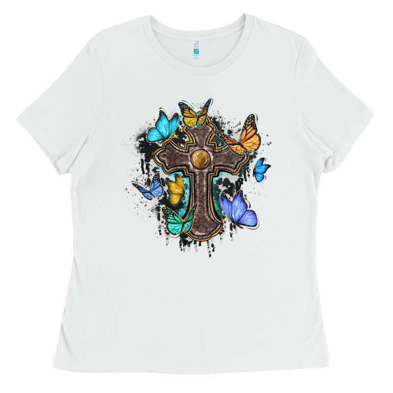 Cross With Butterflies Cowhide Background Ladies Tee by BarkalooDesign | Teevron