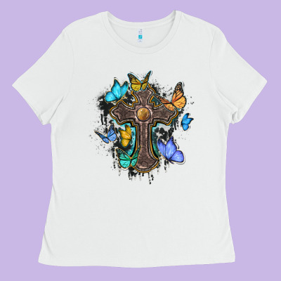 Cross With Butterflies Cowhide Background Ladies Tee Designed By Barkaloodesign