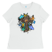 White cross with butterflies cowhide background Ladies Tee - BarkalooDesign
