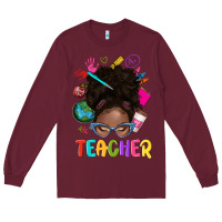 Burgundy teacher afro messy bun Long Sleeve Tee - texasbilliewilder