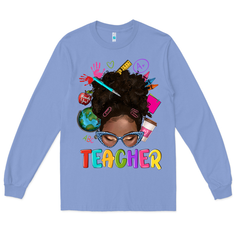 Teacher Afro Messy Bun Long Sleeve Tee by texasbilliewilder | Teevron