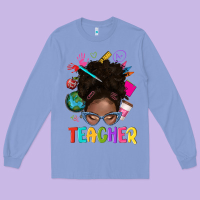 Teacher Afro Messy Bun Long Sleeve Tee Designed By Texasbilliewilder