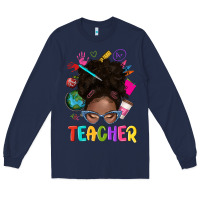 Navy teacher afro messy bun Long Sleeve Tee - texasbilliewilder