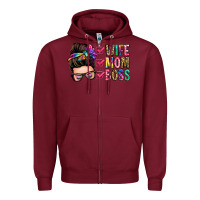 Burgundy wife mom boss messy bun Zipper Hoodie - Zillion Design Studio