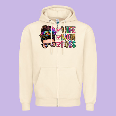 Wife Mom Boss Messy Bun Zipper Hoodie Designed By Zillion Design Studio