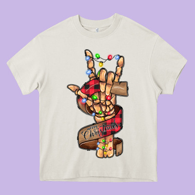Merry Christmas Skeleton Hand Heavy Core Tee Designed By Cowhidedigitalart