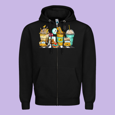 School Bus Coffee Cups Zipper Hoodie Designed By Zillion Design Studio
