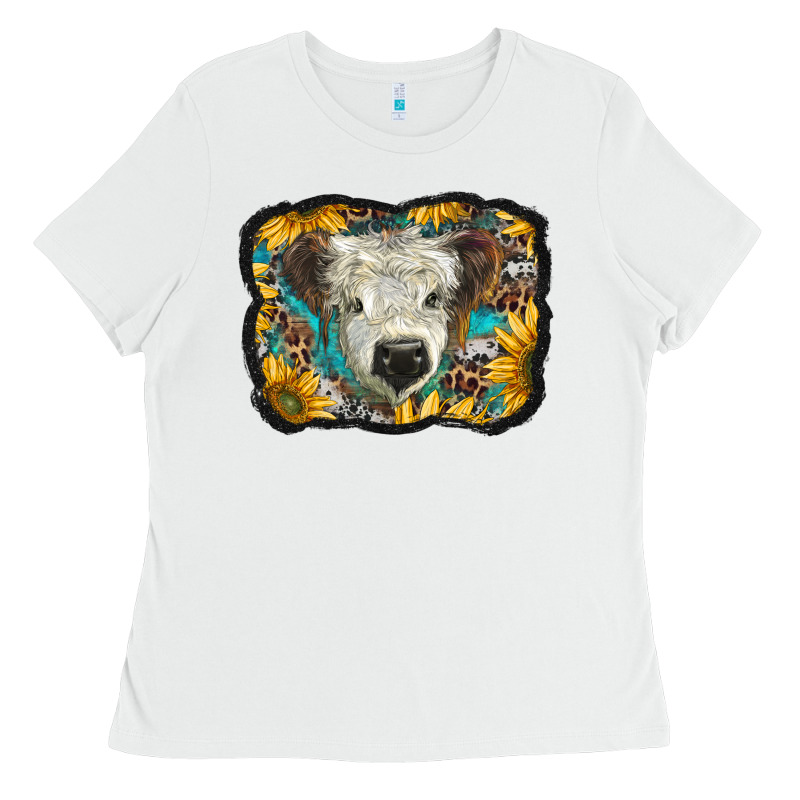 White Scottish Calf With Sunflowers Western  Background Ladies Tee by BarkalooDesign | Teevron