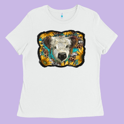 White Scottish Calf With Sunflowers Western  Background Ladies Tee Designed By Barkaloodesign