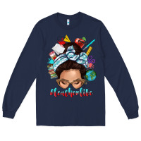 Navy teacher life messy bun Long Sleeve Tee - texasbilliewilder