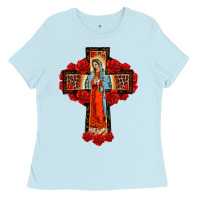 Baby Blue lady of guadalupe rose cross, Ladies Tee - BarkalooDesign