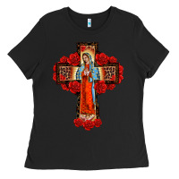 Black lady of guadalupe rose cross, Ladies Tee - BarkalooDesign