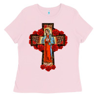 Bubblegum Pink lady of guadalupe rose cross, Ladies Tee - BarkalooDesign
