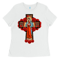 White lady of guadalupe rose cross, Ladies Tee - BarkalooDesign